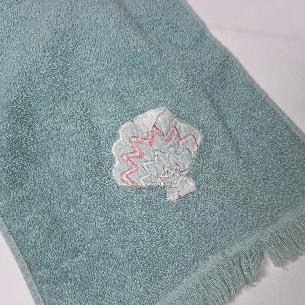 Cannon Royal‎ 2pc Set Blue Green 100% Cotton Embroidered Seashell Towels 80s